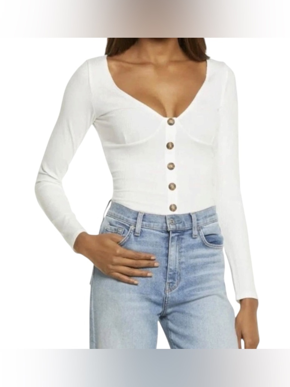 Reformation Virgil White Ribbed Button Front Long Sleeve 90s Top Tencel Small